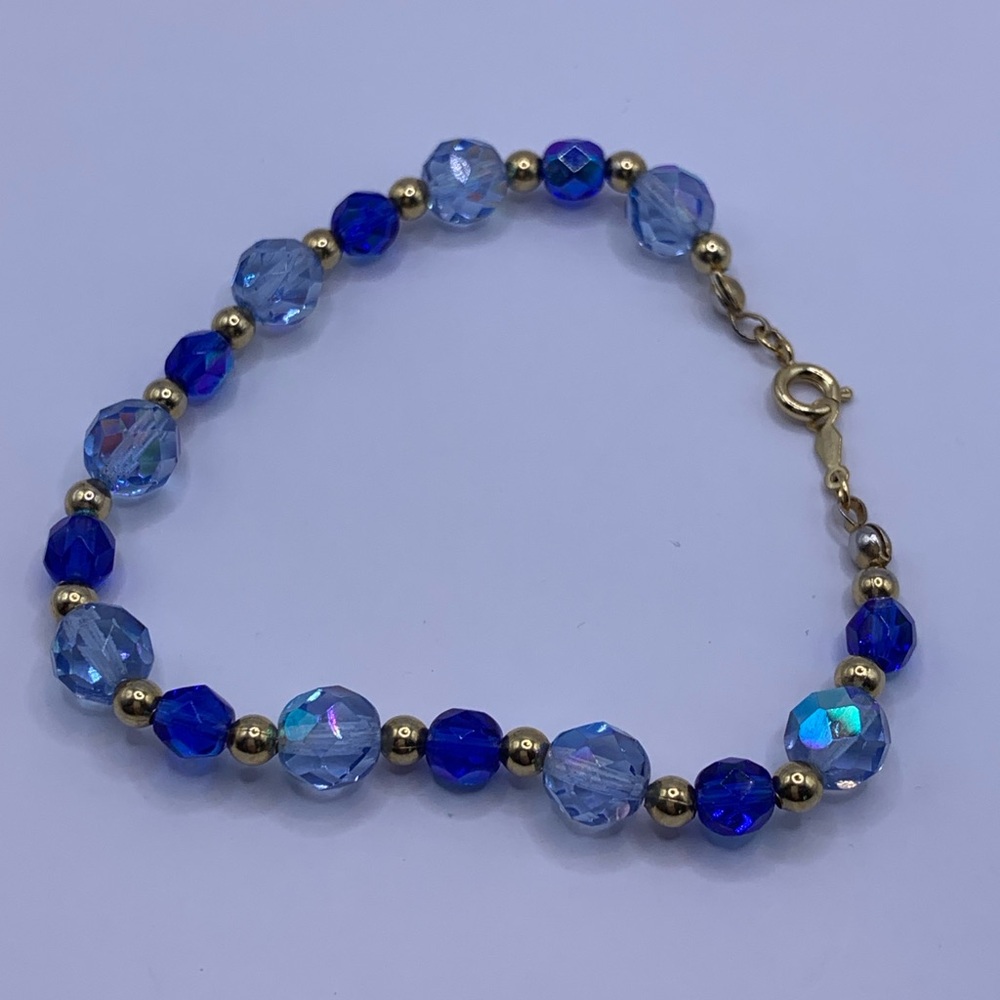Elegant Blue and Gold Beaded Bracelet 14k gold over sterling.